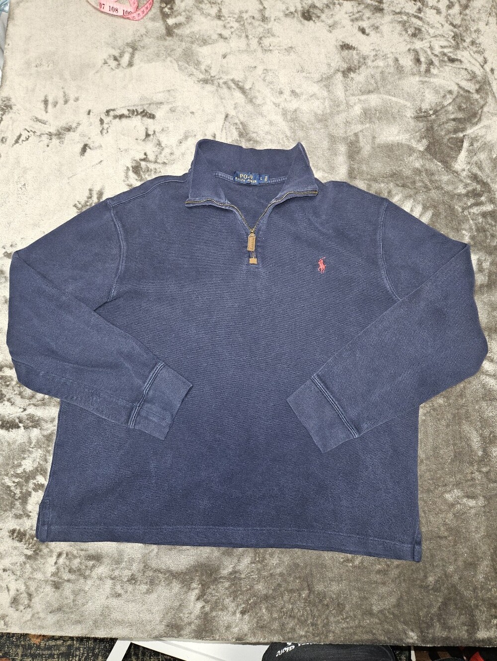 Polo Ralph Lauren Estate Rib Navy 1/4 Zip Pullover Red Pony L Preppy Old Money